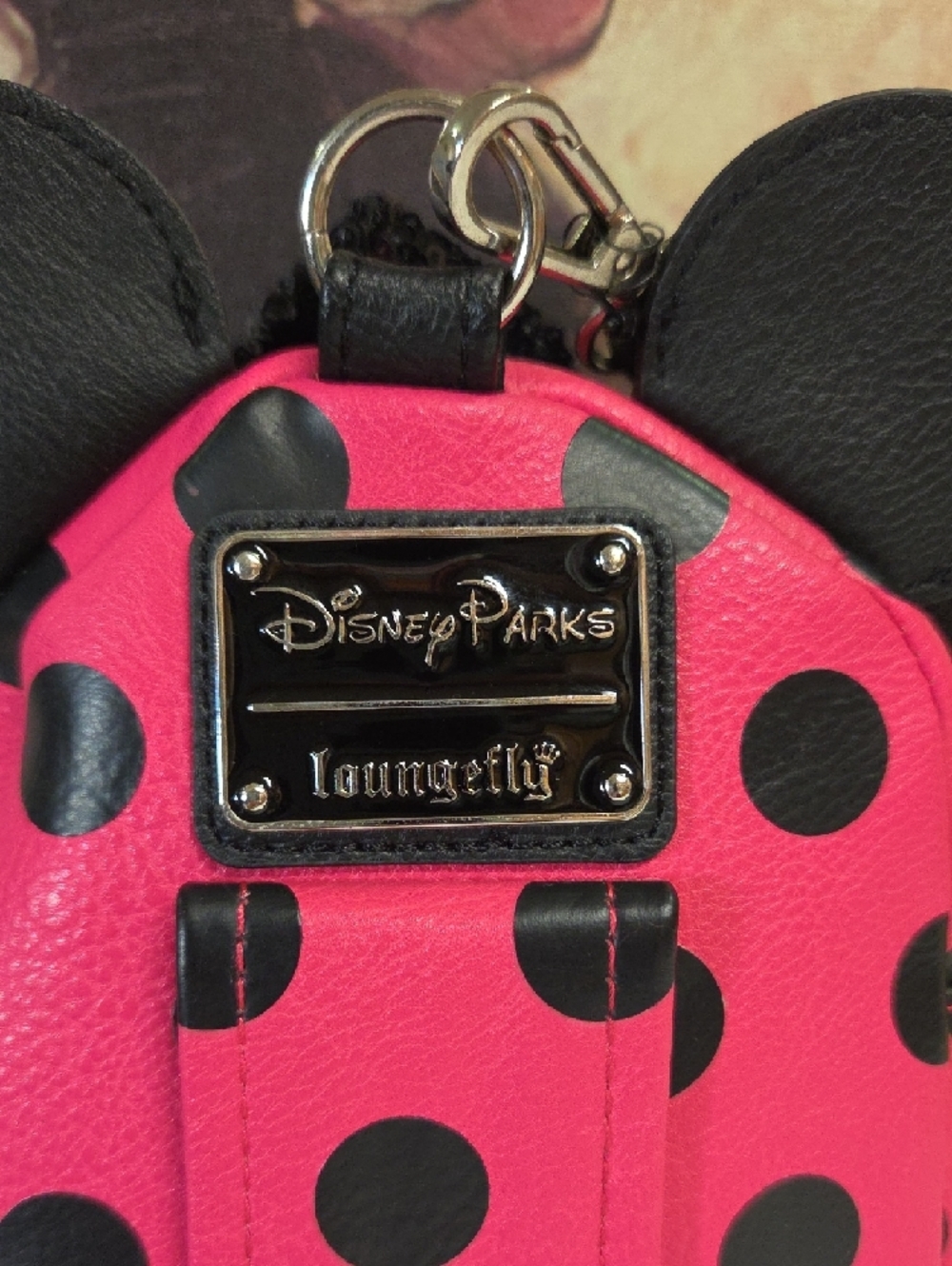 Loungefly Pink and Black Polka Dot Micro  Backpack with Sequin Bow Ears - Picture 4 of 8
